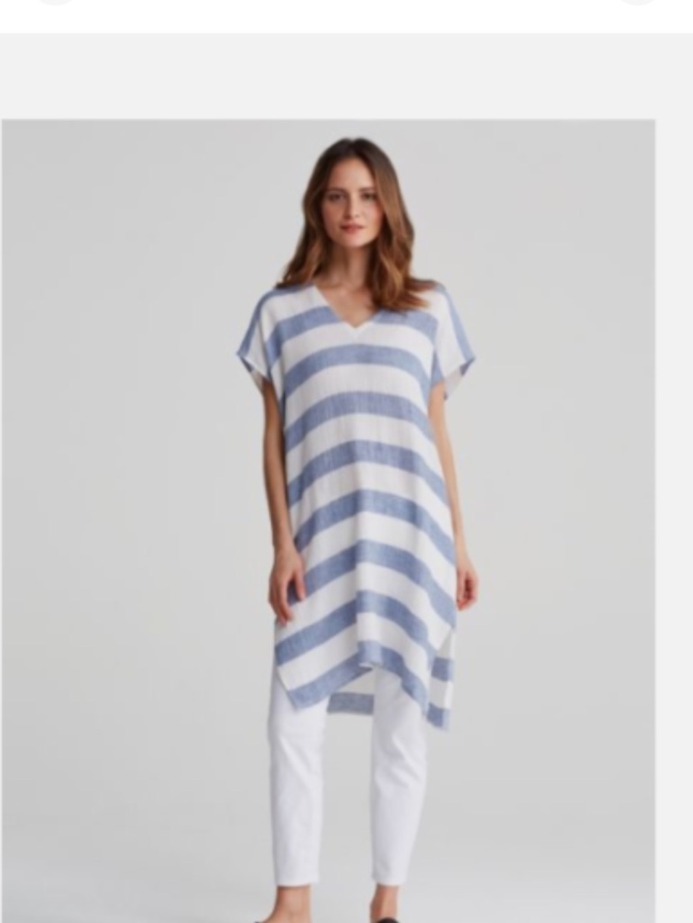Eileen Fisher Blue and White Striped V-Neck Tunic Dress - Picture 5 of 11